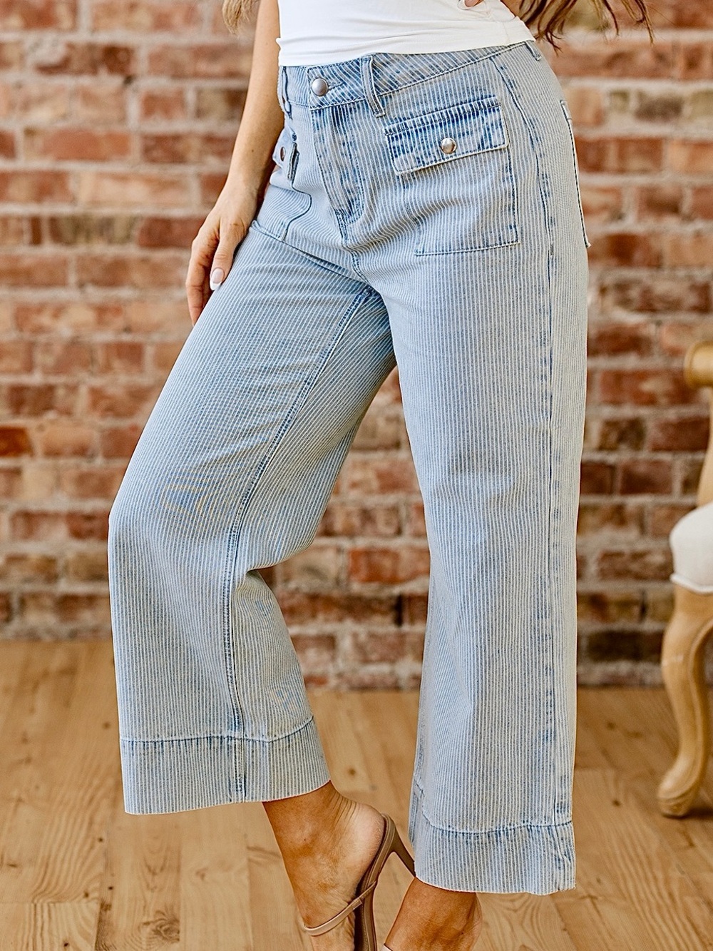 🩵Hello Gorgeous! Cute Striped Wide-Leg Cropped Jeans Light Blue